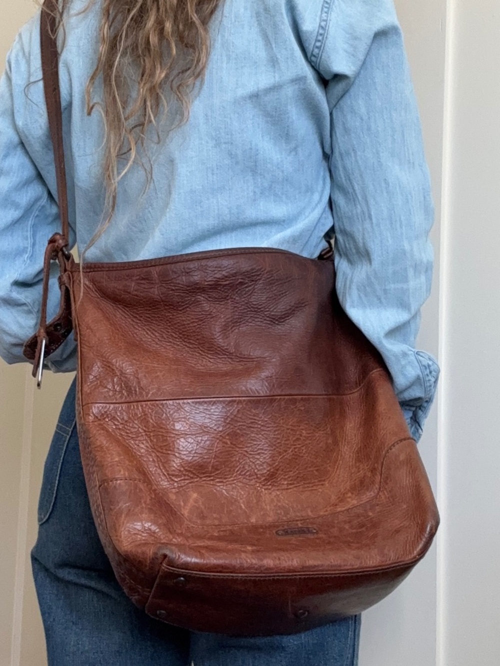 FRYE Melissa Boho Hobo Crossbody real Leather Purse Bag - Cognac